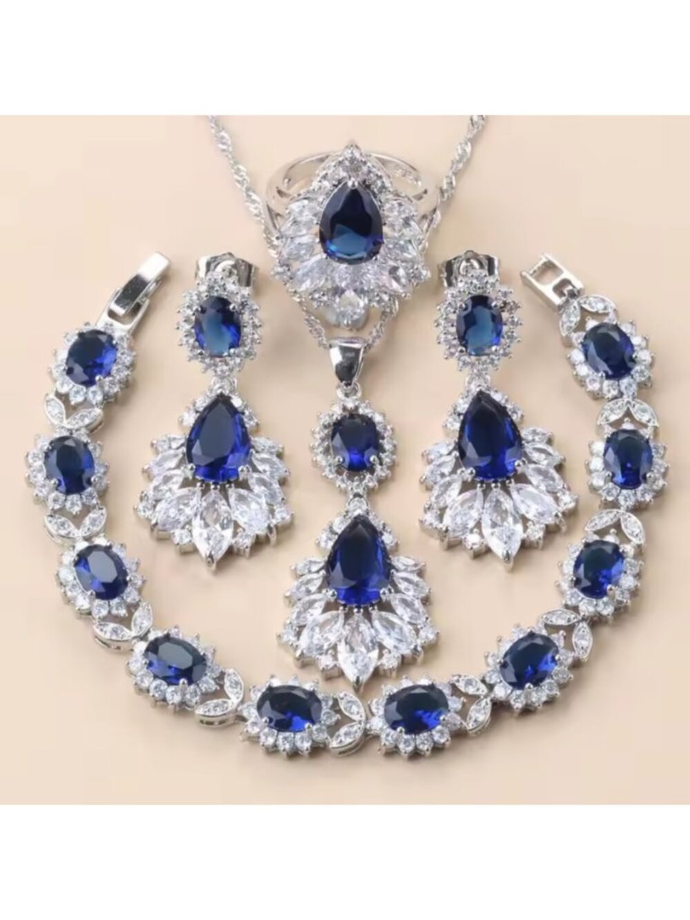 Sapphire & White CZ Silver Princess Diana Ring